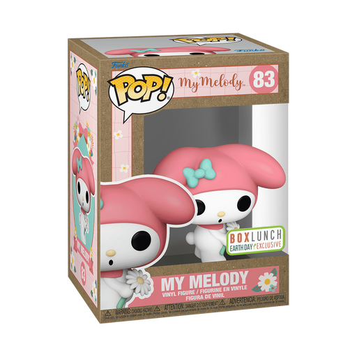 Funko POP! Sanrio: My Melody with Flower - #83 vinyl figure by Funko, comes in a display box with a pink and floral design. The box features the BoxLunch Earth Day Exclusive label and “My Melody” text at the bottom.