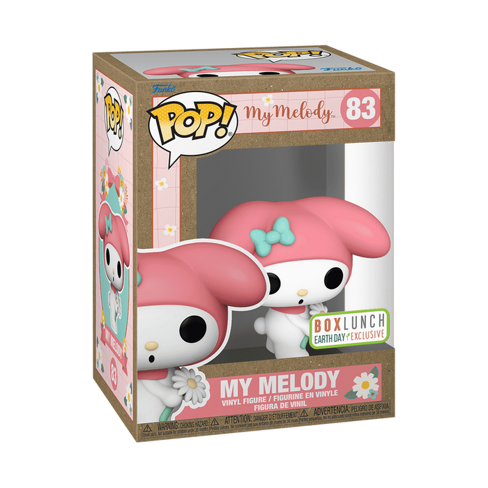 Funko POP! Sanrio: My Melody with Flower - #83 vinyl figure by Funko, comes in a display box with a pink and floral design. The box features the BoxLunch Earth Day Exclusive label and “My Melody” text at the bottom.