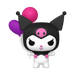 Funko POP! Sanrio: Kuromi with Balloons (#85) by Funko features Kuromi in her signature black jester hat with a pink skull, holding purple and pink heart-shaped balloons and standing with her arms raised.