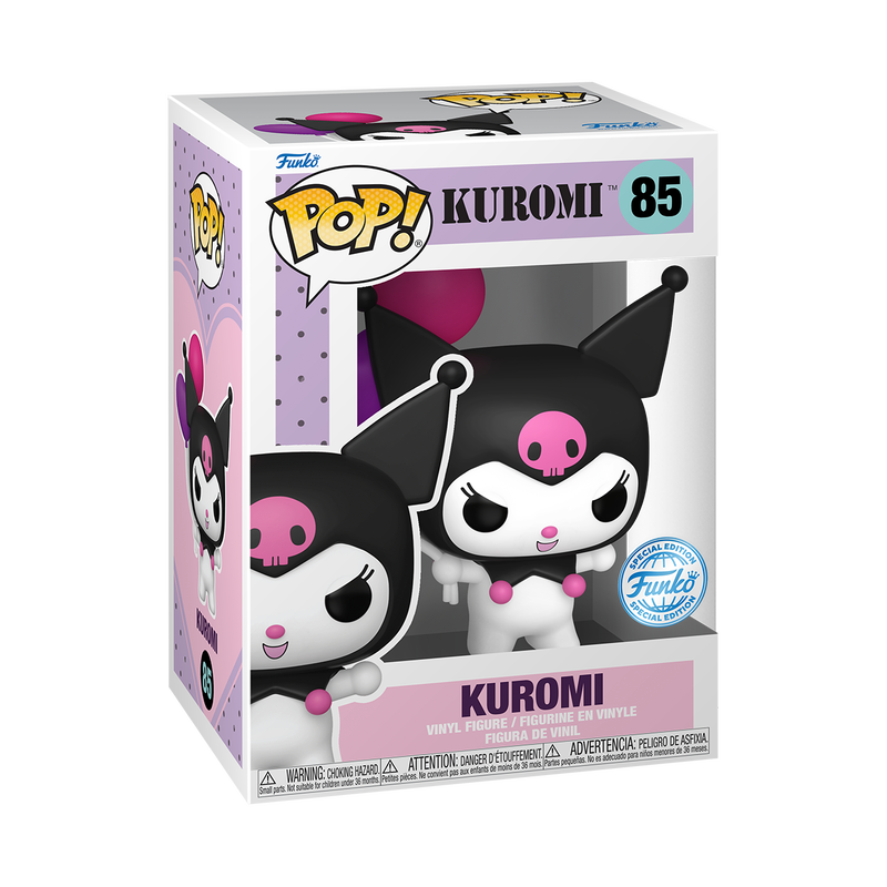 Funko POP! Sanrio: Kuromi with Balloons (#85) by Funko features Kuromi in her signature black jester hat with a pink skull, holding purple and pink heart-shaped balloons and standing with her arms raised.