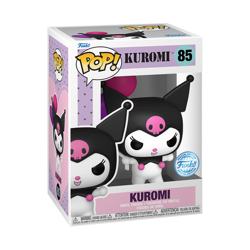 Funko POP! Sanrio: Kuromi with Balloons (#85) vinyl figure by Funko, featuring Kuromi with black jester ears and a pink skull on her forehead, displayed in a collector’s box labeled KUROMI and number 85.