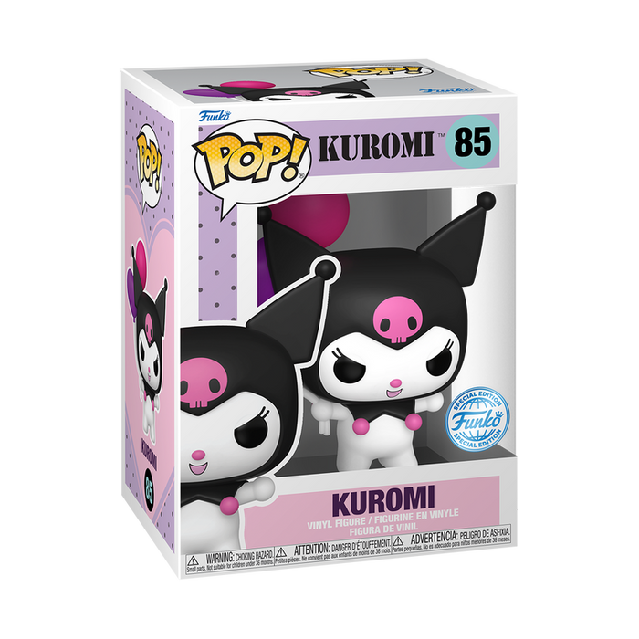 Funko POP! Sanrio: Kuromi with Balloons (#85) vinyl figure by Funko, featuring Kuromi with black jester ears and a pink skull on her forehead, displayed in a collector’s box labeled KUROMI and number 85.