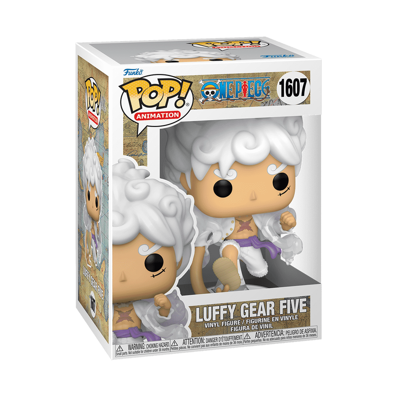 Funko POP! One Piece: Luffy Gear Five (#1607) by Funko features a vinyl figure of Luffy with white curly hair, tan skin, and a white outfit accented by a purple sash, posed mid-leap with one arm extended and stylized cloud details on the shoulders and legs.