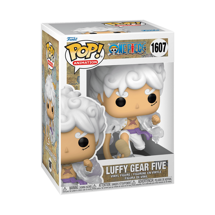 Funko POP! One Piece: Luffy Gear Five - #1607 by Funko, featuring Luffy with white hair and a white outfit with purple accents, displayed in its packaging.