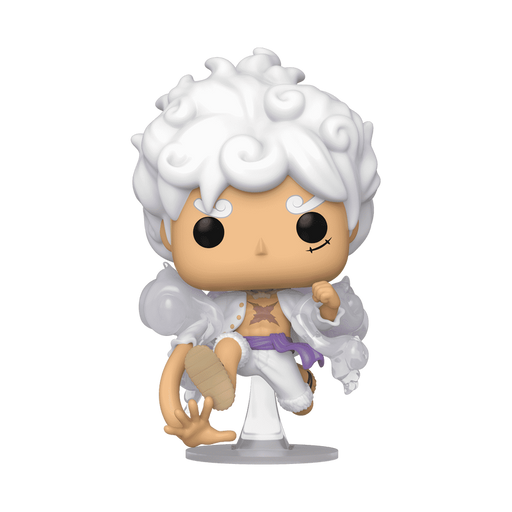 Funko POP! One Piece: Luffy Gear Five (#1607) by Funko features a vinyl figure of Luffy with white curly hair, tan skin, and a white outfit accented by a purple sash, posed mid-leap with one arm extended and stylized cloud details on the shoulders and legs.