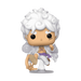 Funko POP! One Piece: Luffy Gear Five (#1607) by Funko features a vinyl figure of Luffy with white curly hair, tan skin, and a white outfit accented by a purple sash, posed mid-leap with one arm extended and stylized cloud details on the shoulders and legs.