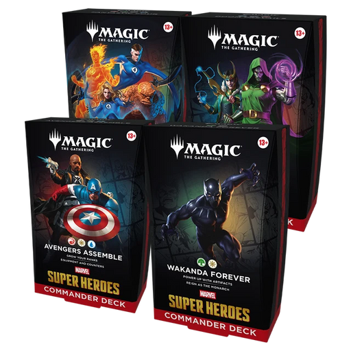 Four Wizards of the Coast Magic the Gathering: Marvel Super Heroes Commander Deck boxes, featuring Avengers Assemble, Wakanda Forever, Fantastic Four, and Loki-themed designs.
