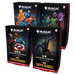 Four Wizards of the Coast Magic the Gathering: Marvel Super Heroes Commander Deck boxes, featuring Avengers Assemble, Wakanda Forever, Fantastic Four, and Loki-themed designs.