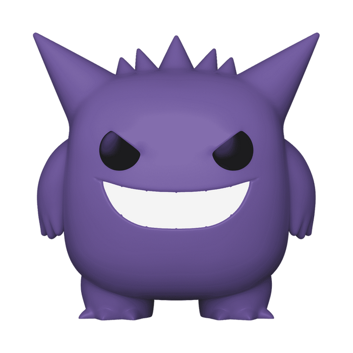 Funko, Inc.’s Funko POP! Pokemon: Gengar - #1031 figure depicts the round, purple Pokémon with pointy ears, spiky back, wide grin, and black eyes standing on a plain white background.