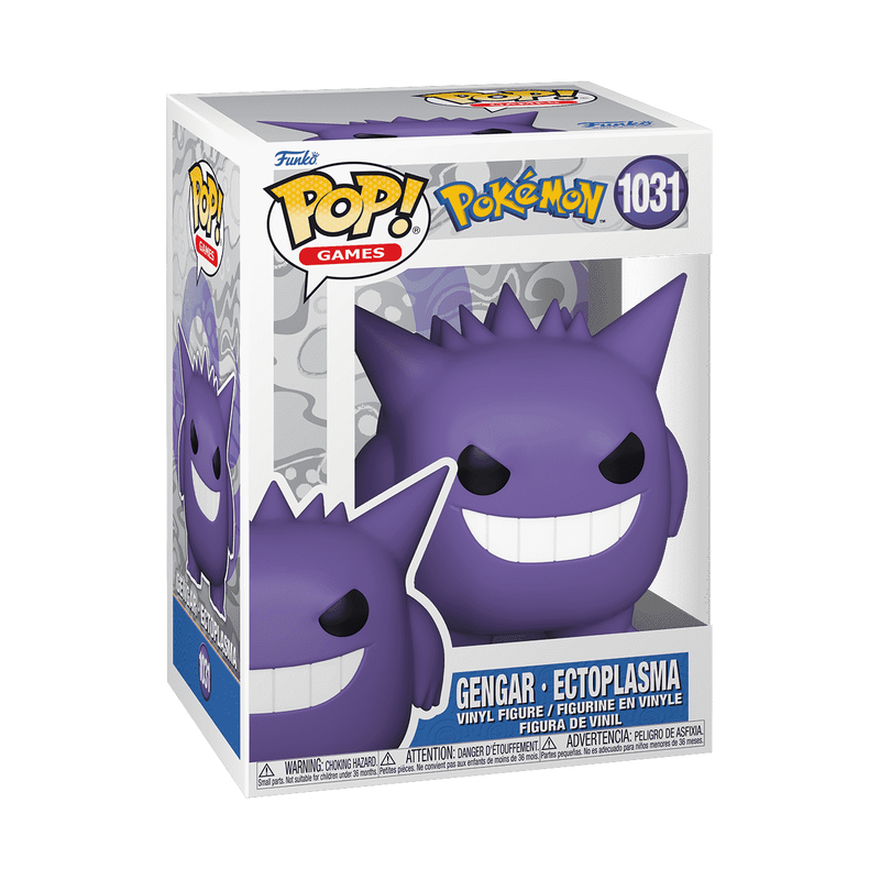 Funko POP! Pokemon: Gengar - #1031 is a purple, round, ghostly figure with spiked ears, a wide mischievous grin, and small red eyes.