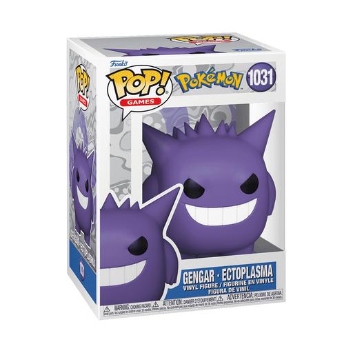 Funko, Inc.’s Funko POP! Pokemon: Gengar - #1031 figure is shown in its packaging, featuring the purple Gengar character with a big grin and spiky ears, with the number 1031 displayed on the top right corner of the box.