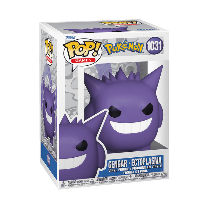 Funko, Inc.’s Funko POP! Pokemon: Gengar - #1031 figure is shown in its packaging, featuring the purple Gengar character with a big grin and spiky ears, with the number 1031 displayed on the top right corner of the box.