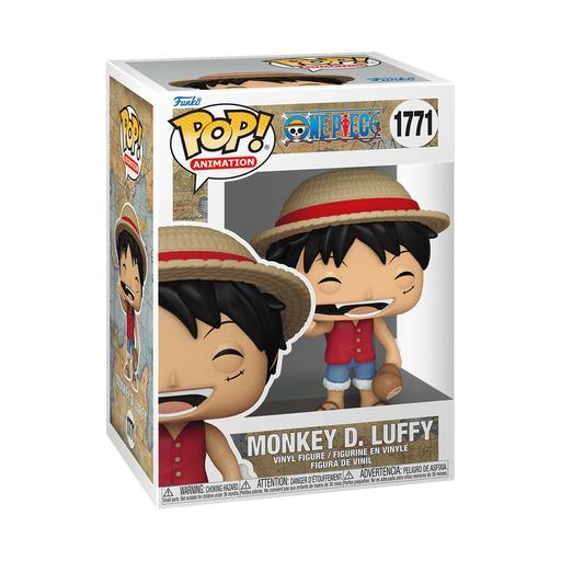 A Funko POP! One Piece: Monkey D. Luffy with Meat vinyl figure by Funko, numbered 1771, featuring Luffy in his signature straw hat, red vest, and blue shorts, displayed inside its original packaging.