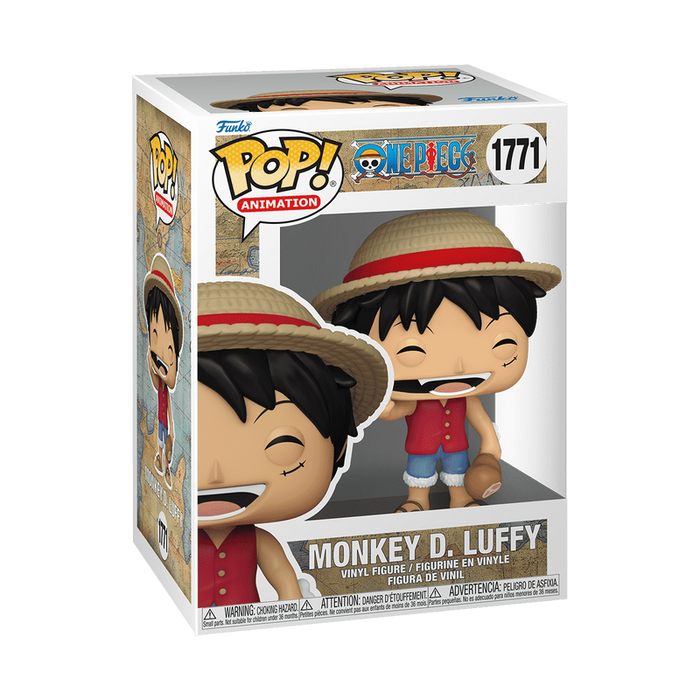 A Funko POP! One Piece: Monkey D. Luffy with Meat vinyl figure by Funko, numbered 1771, featuring Luffy in his signature straw hat, red vest, and blue shorts, displayed inside its original packaging.