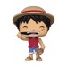Funko POP! One Piece: Monkey D. Luffy with Meat (#1771) by Funko features Luffy in his signature straw hat, red vest, blue shorts, and sandals, grinning widely as he holds a piece of meat and displays the small scar under his eye.