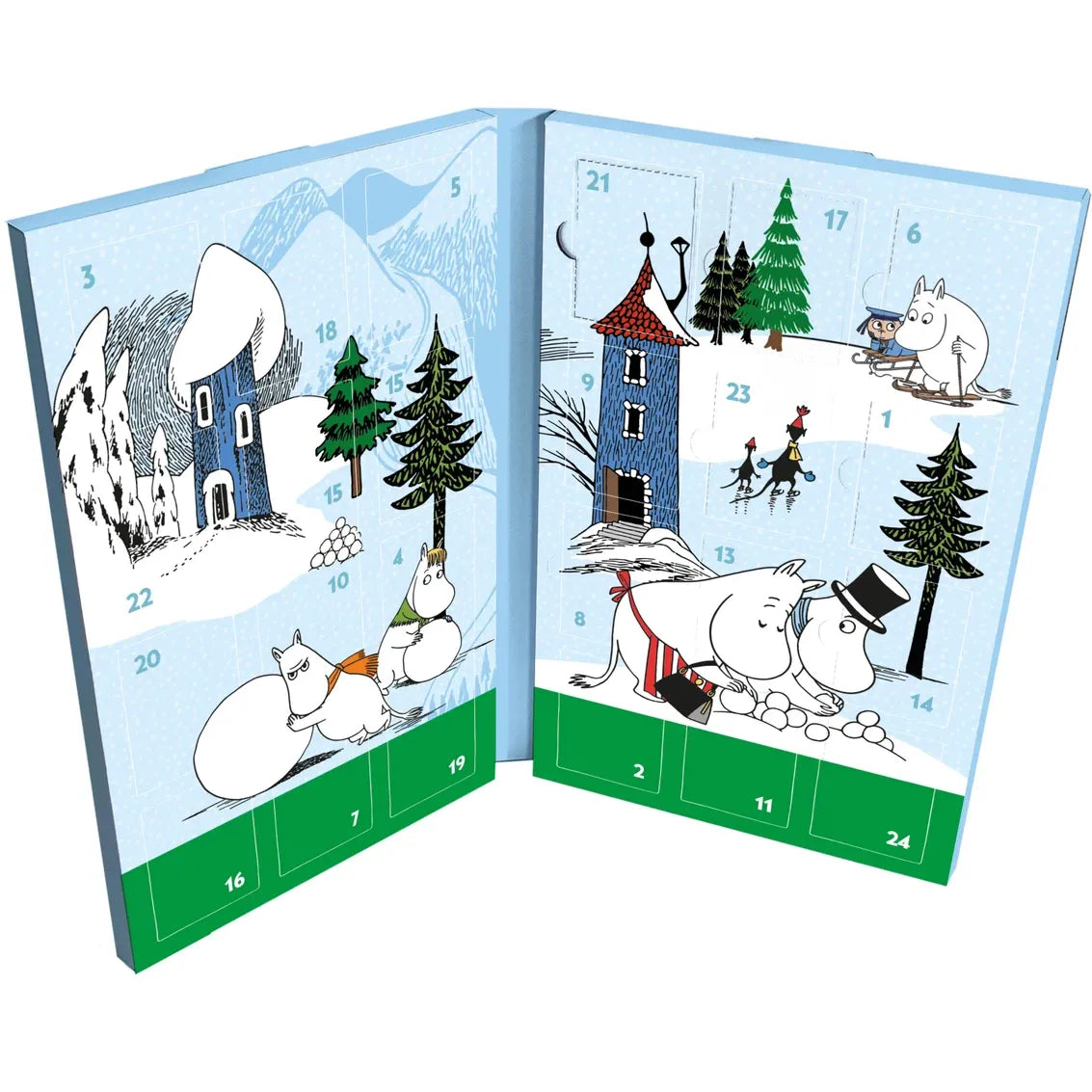 Open MOOMIN 2026 TC Advent Calendar featuring Moomin characters in a winter landscape with numbered perforated doors.