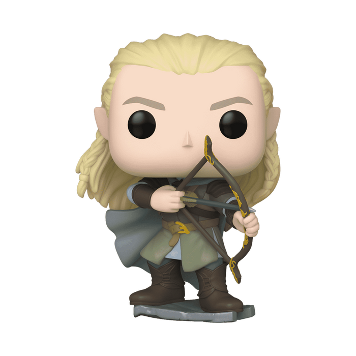 A Funko POP! Lord of the Rings: Legolas Greenleaf with Bow & Arrow (#1577) vinyl figure by Funko, featuring Legolas with long blond hair, pointed ears, and a bow, dressed in a green tunic, gray cloak, and brown boots, standing on a small base.