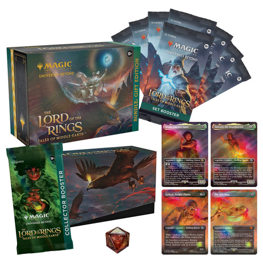 Discover the Magic: The Gathering – The Lord of the Rings Tales of Middle-Earth Bundle: Gift Edition by Wizards of the Coast. This exclusive set comes in a beautifully crafted box and includes 8 booster packs, 1 collector booster, a bold red 20-sided die, and 4 illustrated cards featuring stunning fantasy artwork with vibrant effects—making it an ideal choice for fans and collectors!.