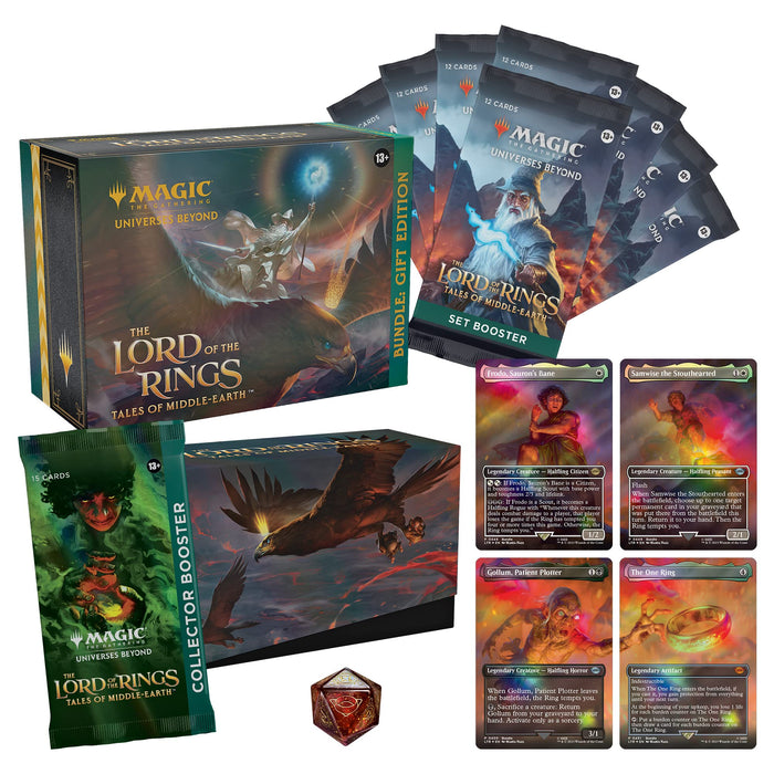 Discover the Magic: The Gathering – The Lord of the Rings Tales of Middle-Earth Bundle: Gift Edition by Wizards of the Coast. This exclusive set comes in a beautifully crafted box and includes 8 booster packs, 1 collector booster, a bold red 20-sided die, and 4 illustrated cards featuring stunning fantasy artwork with vibrant effects—making it an ideal choice for fans and collectors!.
