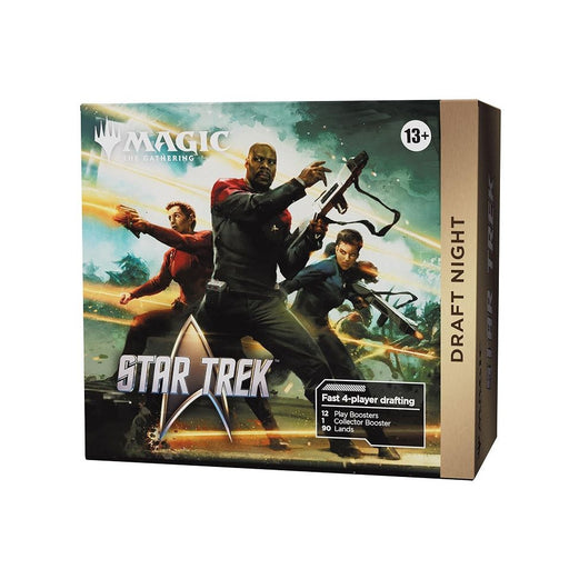 The Wizards of the Coast Magic: The Gathering - Star Trek Draft Night box showcases three iconic characters in Starfleet uniforms, each wielding phasers and surrounded by energetic trails set against a dramatic space-themed background. Recommended for ages 13 and up.