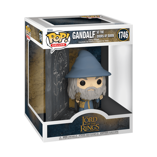 Funko POP! Lord of the Rings: Gandalf with Doors of Durin (#1746) by Funko features Gandalf in a blue hat and robe, displayed next to the illustrated Doors of Durin in a collectible box.
