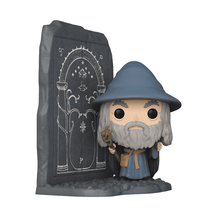 A Funko POP! Lord of the Rings: Gandalf with Doors of Durin (#1746) figure from Funko features Gandalf, the wizard in a blue hat and cloak, standing beside the intricately detailed Doors of Durin.