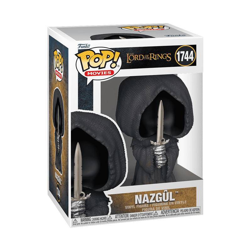 The Funko POP! Lord of the Rings: Nazgul (#1744) vinyl figure by Funko depicts a hooded, faceless character dressed in black robes and holding a silver sword with both hands, displayed against a plain white background.