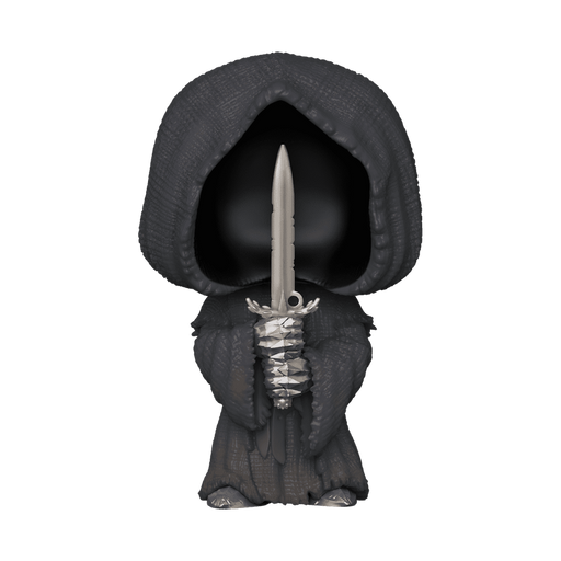 The Funko POP! Lord of the Rings: Nazgul (#1744) vinyl figure by Funko depicts a hooded, faceless character dressed in black robes and holding a silver sword with both hands, displayed against a plain white background.