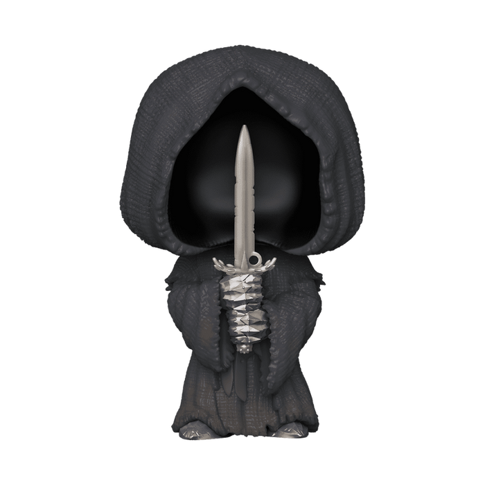 The Funko POP! Lord of the Rings: Nazgul (#1744) vinyl figure by Funko depicts a hooded, faceless character dressed in black robes and holding a silver sword with both hands, displayed against a plain white background.