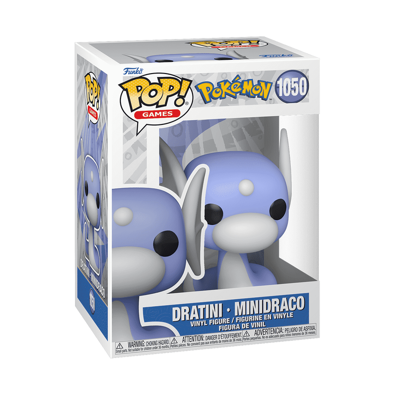 The Funko POP! Pokemon: Dratini - #1050 by Funko is a vinyl collector figure featuring the blue and white serpentine Pokémon with large black eyes, upright fins, and a small white spot on its forehead, displayed against a plain background.