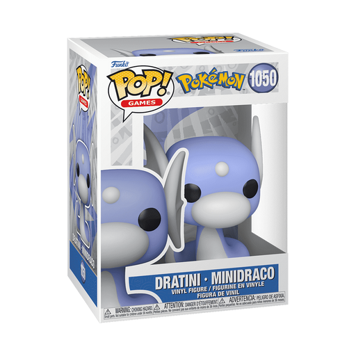 Funko POP! Pokemon: Dratini - #1050 by Funko comes in its original packaging and showcases the beloved Pokémon in exquisite detail. This collectible figure features Dratini’s signature blue body with white accents and large black eyes, all visible through the clear display box—a perfect addition for any Funko Pop Dratini fan.