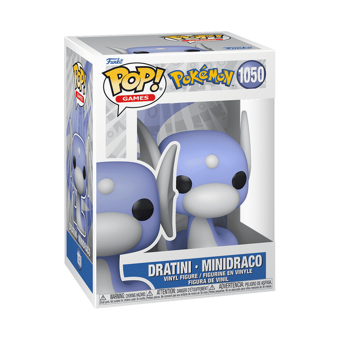Funko POP! Pokemon: Dratini - #1050 by Funko comes in its original packaging and showcases the beloved Pokémon in exquisite detail. This collectible figure features Dratini’s signature blue body with white accents and large black eyes, all visible through the clear display box—a perfect addition for any Funko Pop Dratini fan.