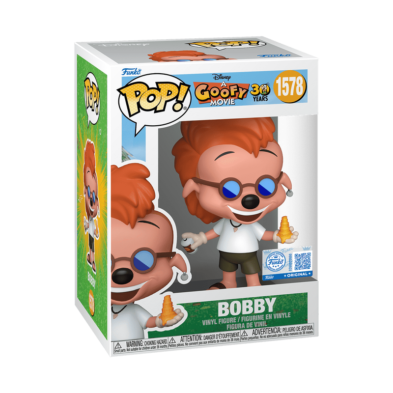 Funko POP! Disney: Bobby Zimuruski #1578 by Funko features a cartoon figure with spiky orange hair, blue sunglasses, a white shirt, green shorts, and sandals, holding an orange seashell in one hand and a spray can in the other, smiling widely.