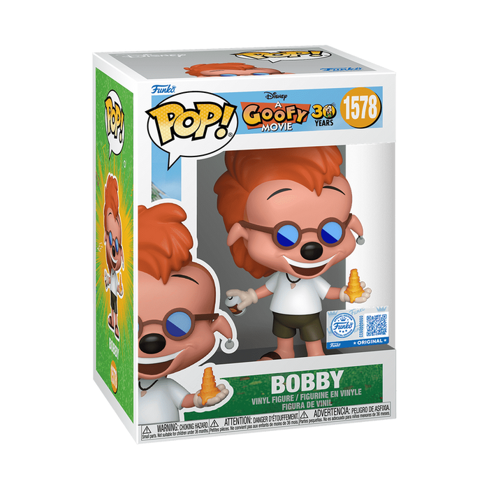 Funko POP! Disney: Bobby Zimuruski - #1578 from Funko features Bobby from A Goofy Movie, celebrating 30 years. This collectible shows him with glasses, shorts, and a cheese spray can. The box includes green accents and displays number 1578.