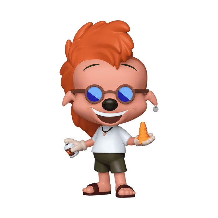 Funko POP! Disney: Bobby Zimuruski #1578 by Funko features a cartoon figure with spiky orange hair, blue sunglasses, a white shirt, green shorts, and sandals, holding an orange seashell in one hand and a spray can in the other, smiling widely.