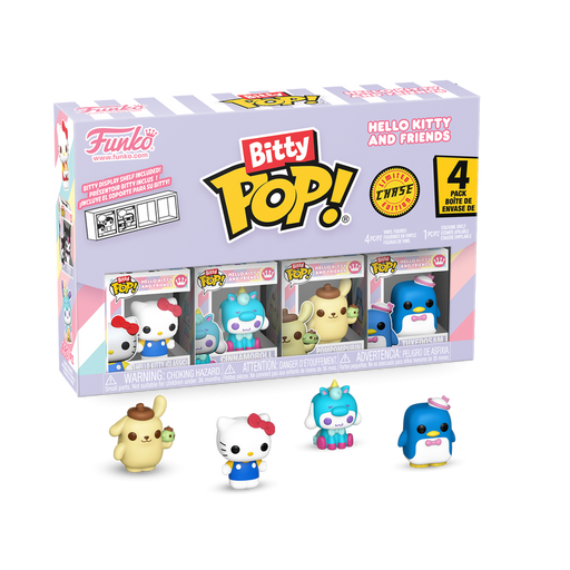 A Funko Bitty Pop! Hello Kitty and Friends 4-Pack Series 1 collectible set, featuring four small character figurines displayed in front of the box.