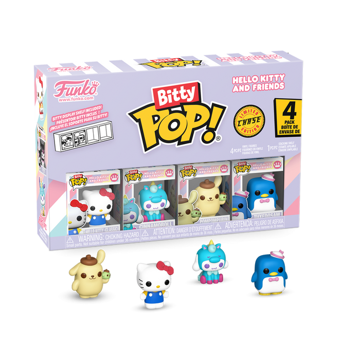 A Funko Bitty Pop! Hello Kitty and Friends 4-Pack Series 1 collectible set, featuring four small character figurines displayed in front of the box.