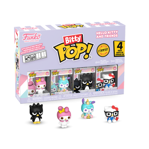 The Bitty POP! Hello Kitty and Friends 4-Pack Series 4 by Funko features miniature figurines of Hello Kitty, My Melody, Chococat, and Kuromi displayed in front of the packaging.
