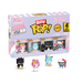 The Bitty POP! Hello Kitty and Friends 4-Pack Series 4 by Funko features miniature figurines of Hello Kitty, My Melody, Chococat, and Kuromi displayed in front of the packaging.