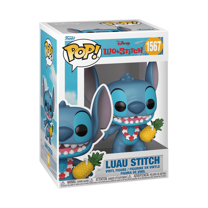 Funko POP! Disney: Luau Stitch (#1567) by Funko features Stitch from Lilo & Stitch, smiling with big eyes and ears, wearing a red and white lei and holding a pineapple.