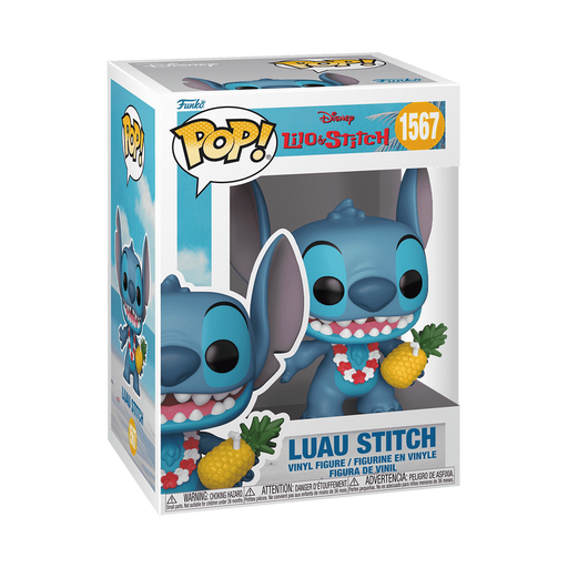 Funko POP! Disney: Luau Stitch - #1567 vinyl figure by Funko, featuring Stitch holding a pineapple and displayed inside its packaging.