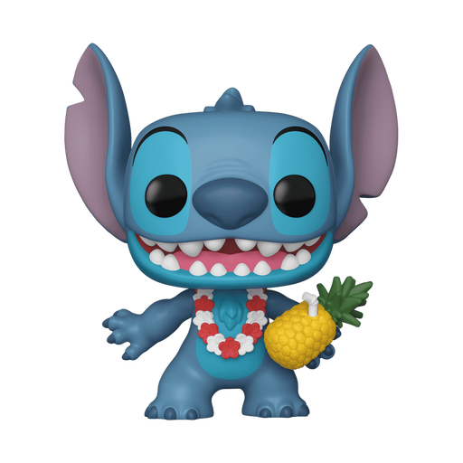 Funko POP! Disney: Luau Stitch (#1567) by Funko features Stitch from Lilo & Stitch, smiling with big eyes and ears, wearing a red and white lei and holding a pineapple.