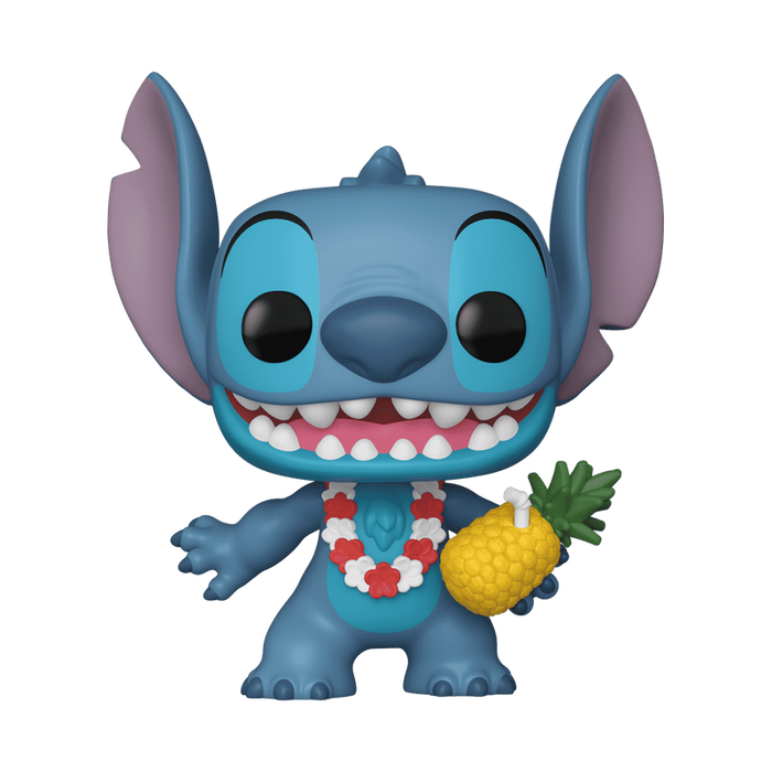 Funko POP! Disney: Luau Stitch (#1567) by Funko features Stitch from Lilo & Stitch, smiling with big eyes and ears, wearing a red and white lei and holding a pineapple.