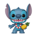 Funko POP! Disney: Luau Stitch (#1567) by Funko features Stitch from Lilo & Stitch, smiling with big eyes and ears, wearing a red and white lei and holding a pineapple.