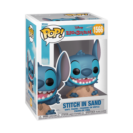 Funko POP! Disney: Stitch in Sand - #1566 by Funko features Stitch sitting in sand, displayed inside a box with clear windows on the front and side.