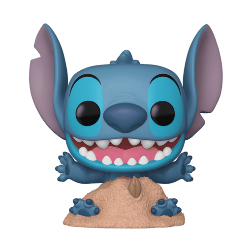 Funko POP! Disney: Stitch in Sand (#1566) collectible figure by Funko, featuring Stitch from Lilo & Stitch with a big smile and wide eyes, standing in a pile of sand with his feet and hands partially buried.