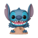 Funko POP! Disney: Stitch in Sand (#1566) collectible figure by Funko, featuring Stitch from Lilo & Stitch with a big smile and wide eyes, standing in a pile of sand with his feet and hands partially buried.