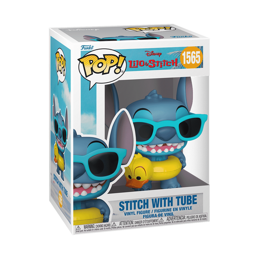 Funko POP! Disney: Stitch with Tube - #1565 vinyl figure by Funko, featuring Stitch from Lilo & Stitch wearing blue sunglasses and holding a yellow inflatable duck tube, displayed in its original box.