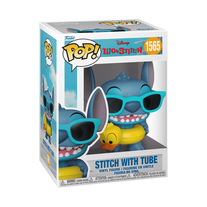 Funko POP! Disney: Stitch with Tube - #1565 vinyl figure by Funko, featuring Stitch from Lilo & Stitch wearing blue sunglasses and holding a yellow inflatable duck tube, displayed in its original box.