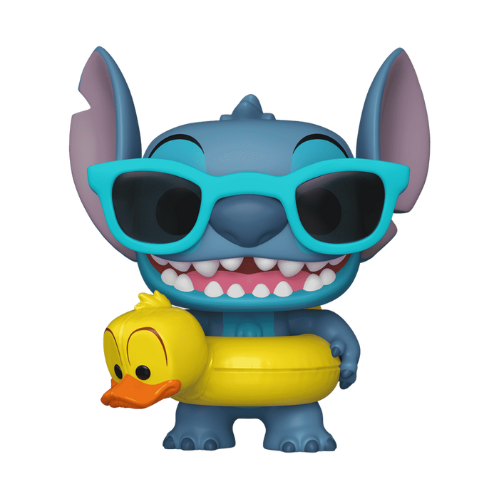 The Funko POP! Disney: Stitch with Tube (#1565) vinyl figure by Funko features Stitch smiling with wide eyes and large ears, wearing teal sunglasses and holding a yellow duck float.